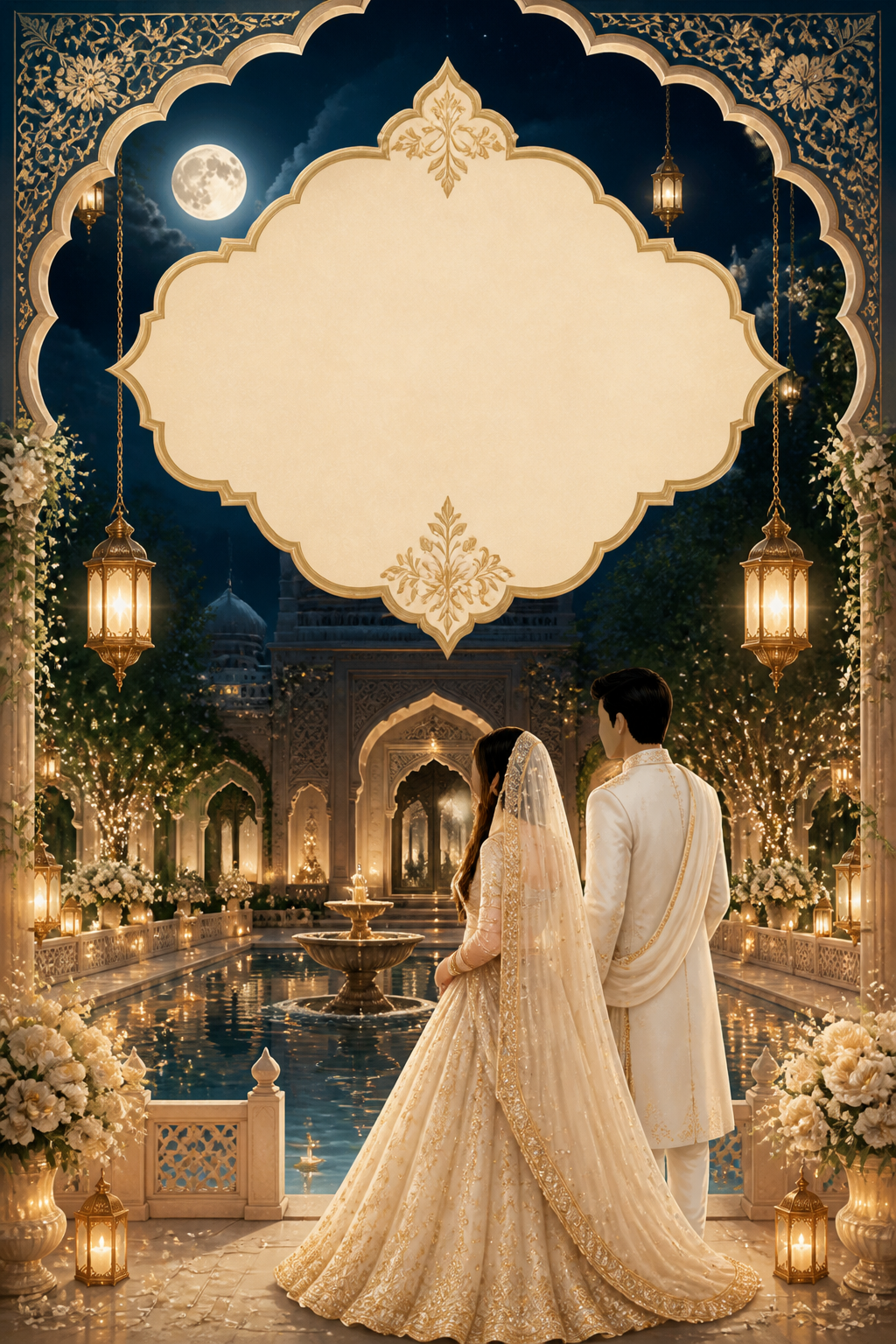Moonlit courtyard invitation with a faceless couple
