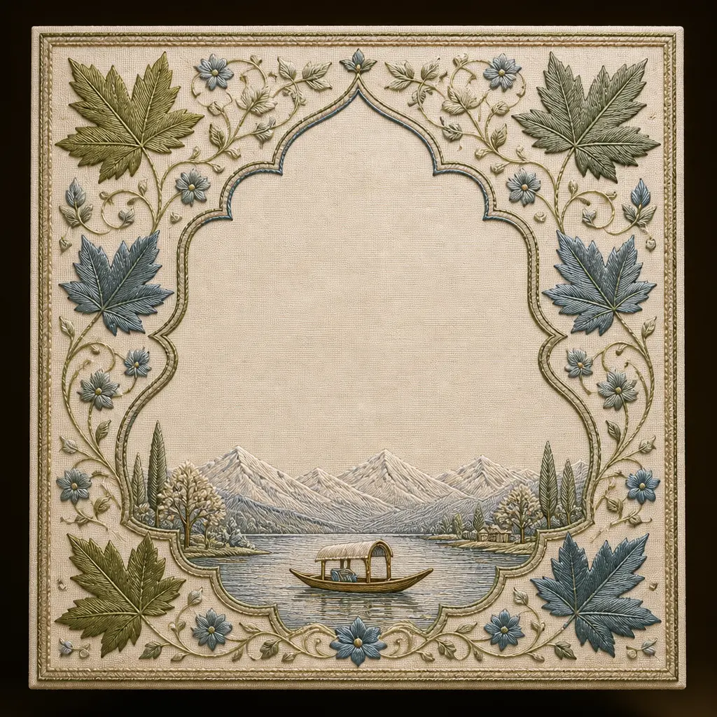 Ivory linen panel embroidered with chinar leaves, vines and a central cartouche