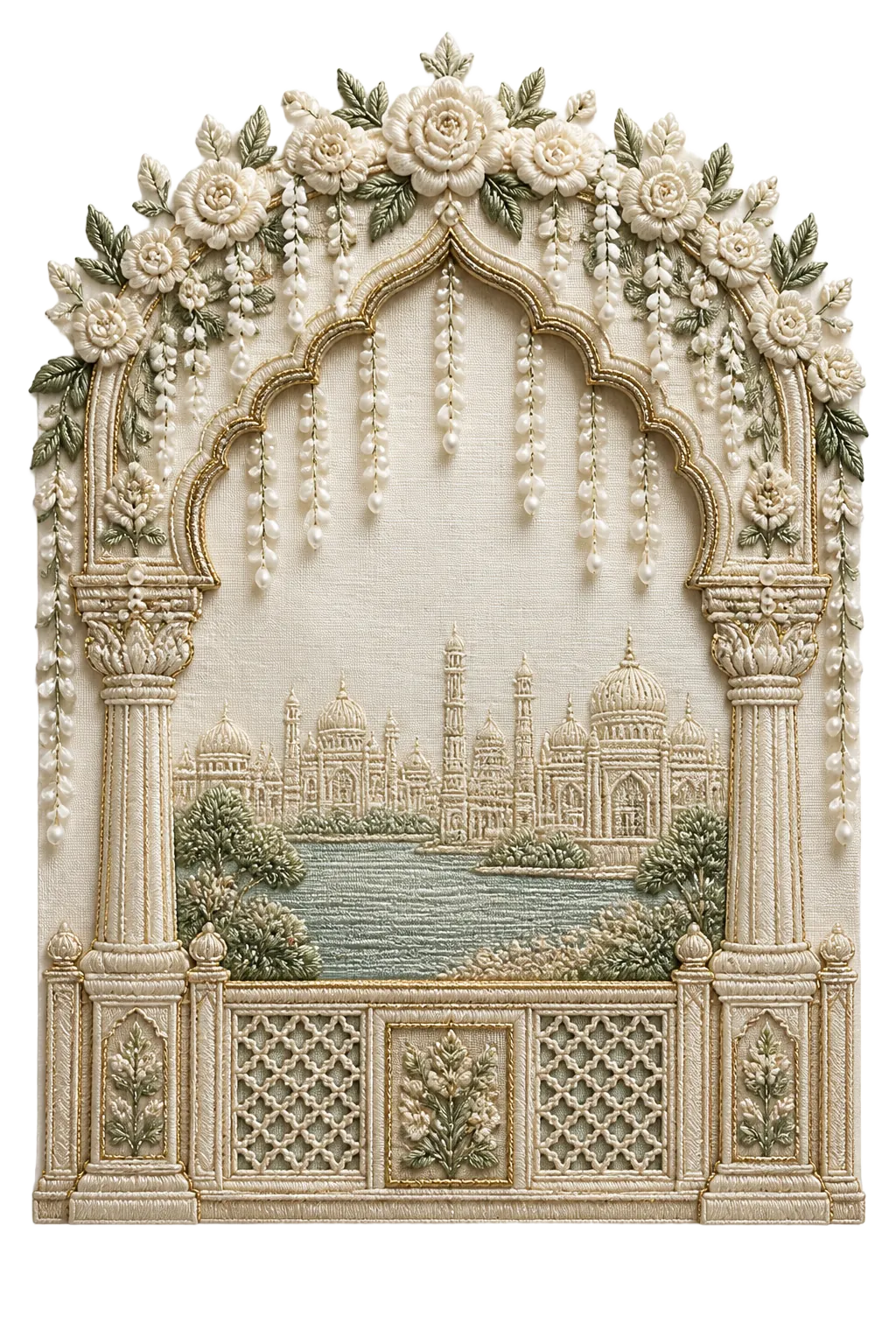 Hand-embroidered Mughal arch with mogra strings, ivory roses and a domed skyline