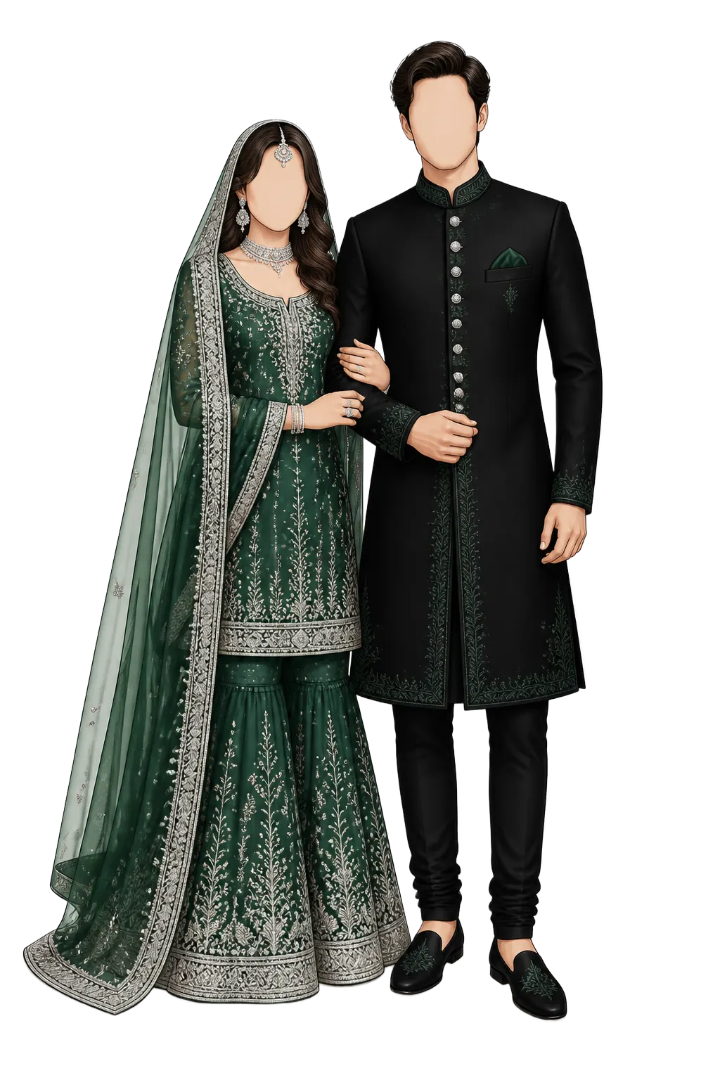 The couple in emerald and silver Pakistani wedding attire