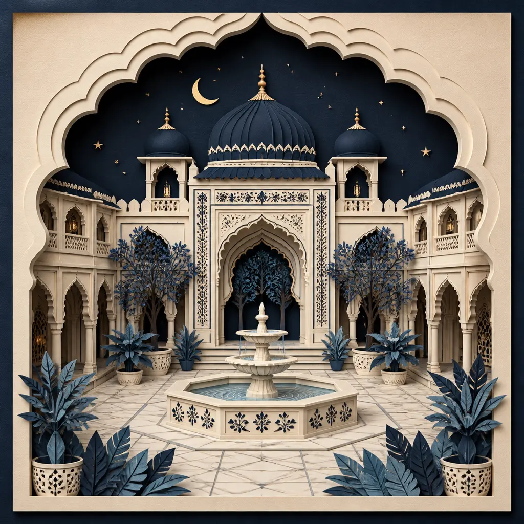 Layered paper-cut courtyard in cream and navy
