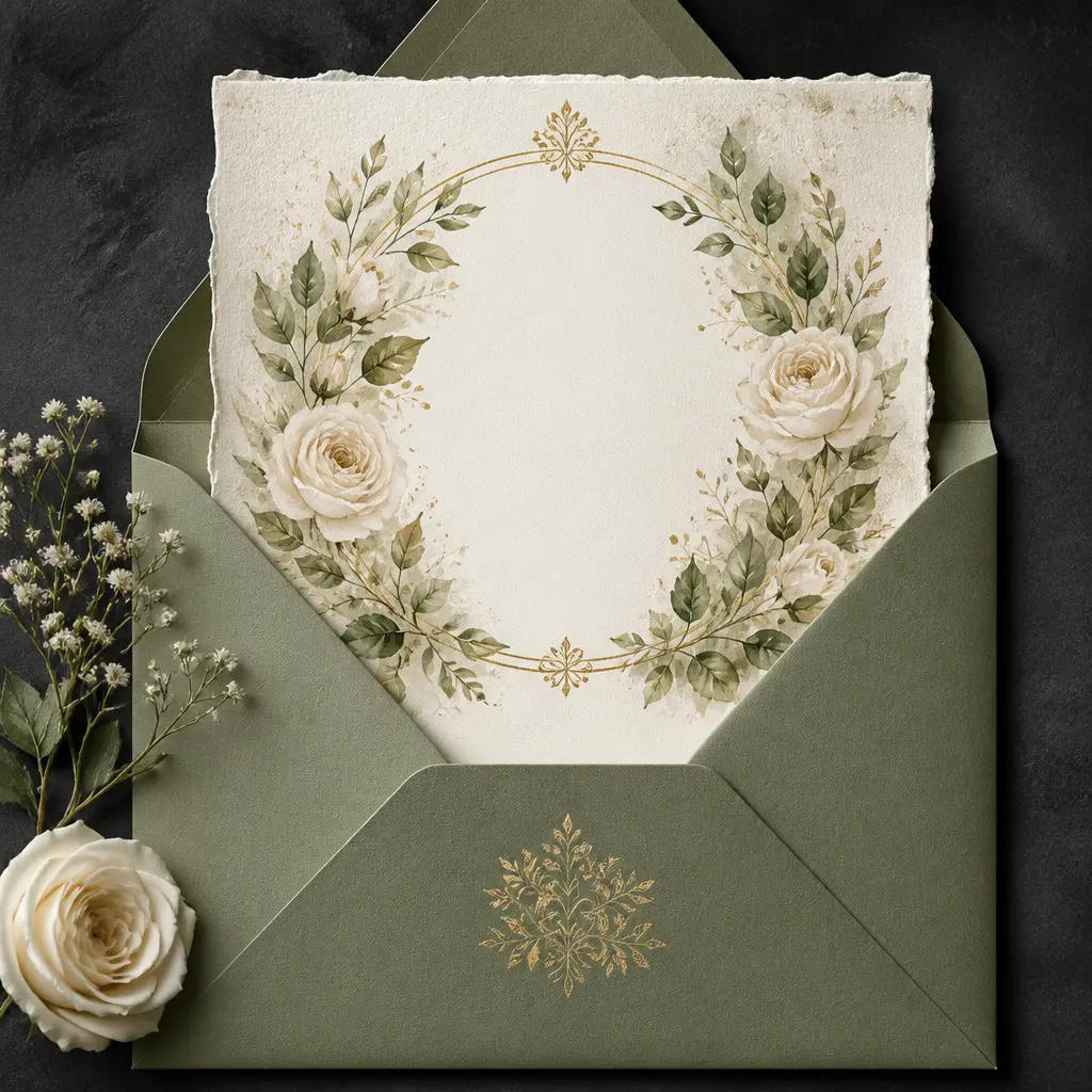 Opened envelope revealing a cream rose wreath invitation