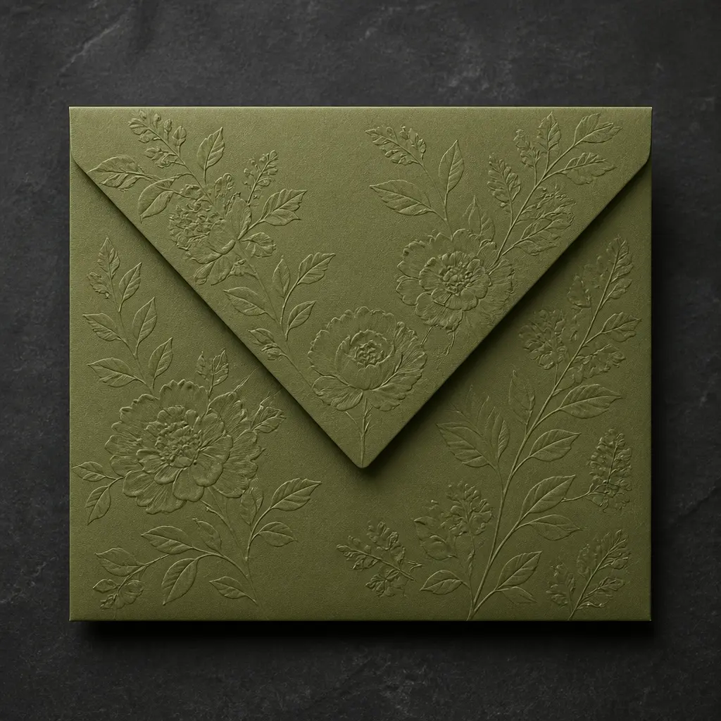 Olive envelope with blind-embossed florals